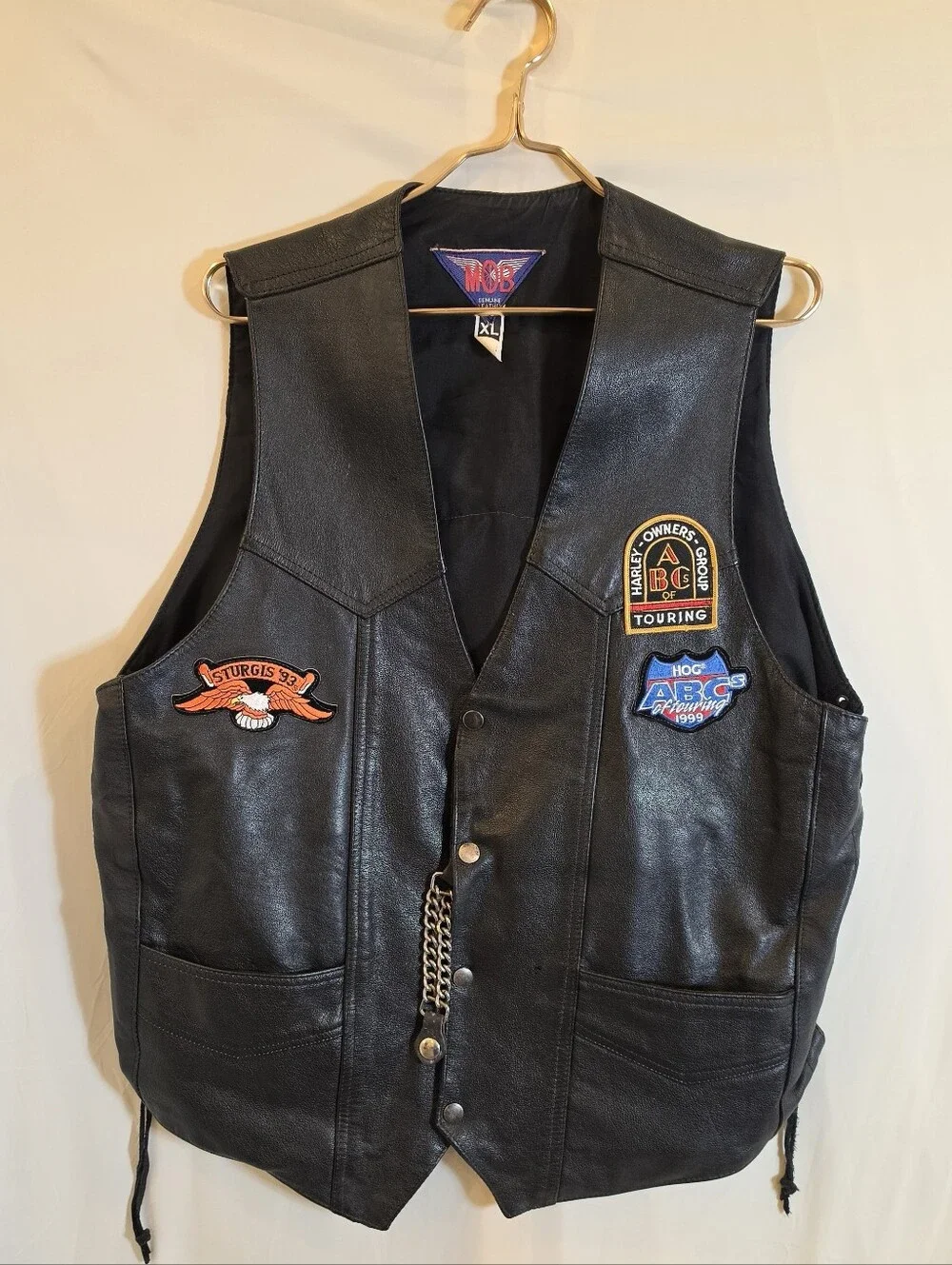Vintage MOB Leather Biker Vest XL Patched Harley Davidson Bar Shield Sturgis 93